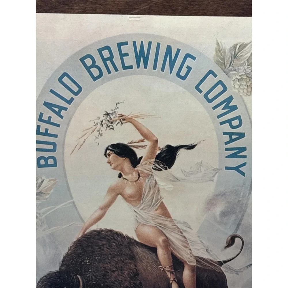 Vintage Buffalo Brewing Co Sacramento‎ CA Wooden Sign Plaque Buffalo Lady 1970s
